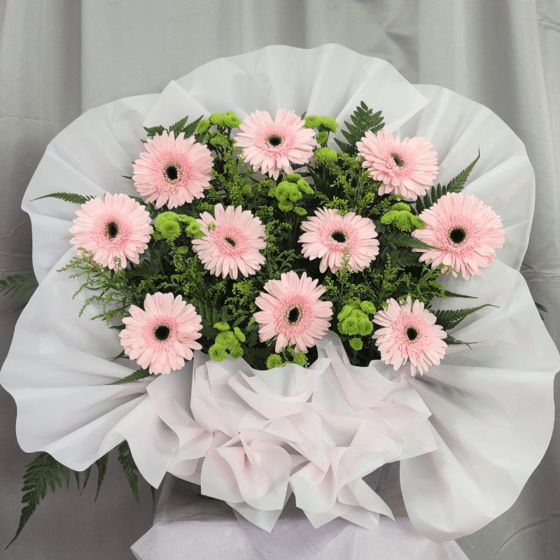 pink flowers and greens bouquet