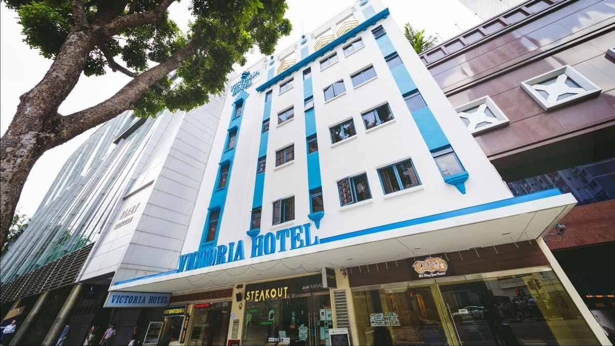 Exterior facade and entrance of Victoria Hotel with Steakout restaurant
